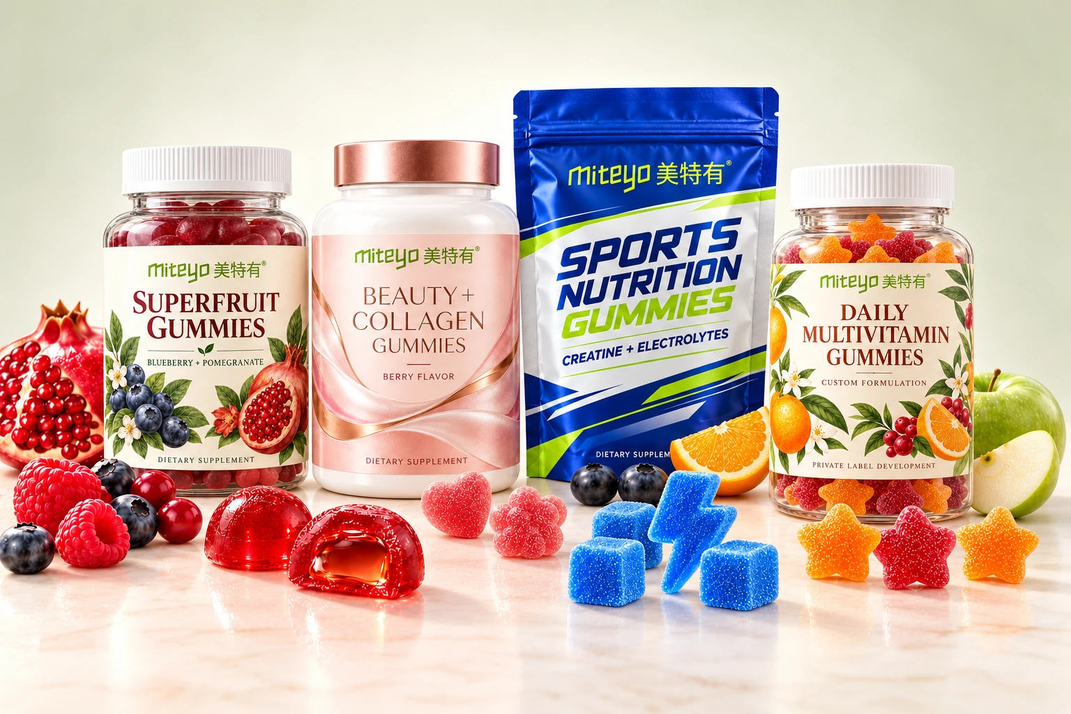 MITEYO gummy product-range design on a cream studio background