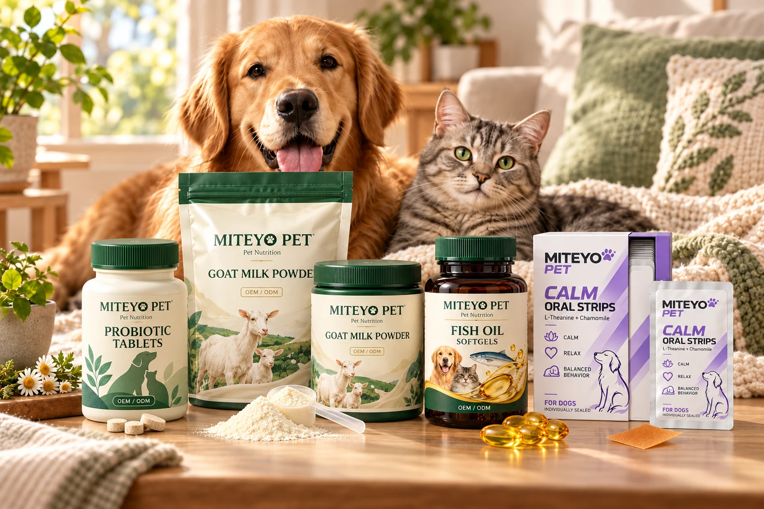 MITEYO Pet packaging concept range with a dog and cat; marketing illustration